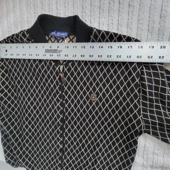 Paul Parker Mens XL Diamond Pattern Cardigan Sweater Black/Beige Full-Zip New